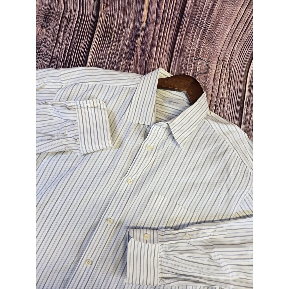 Ermenegildo Zegna Long Sleeve Button Men's 18 - 46 White Stripe Cotton Button Up